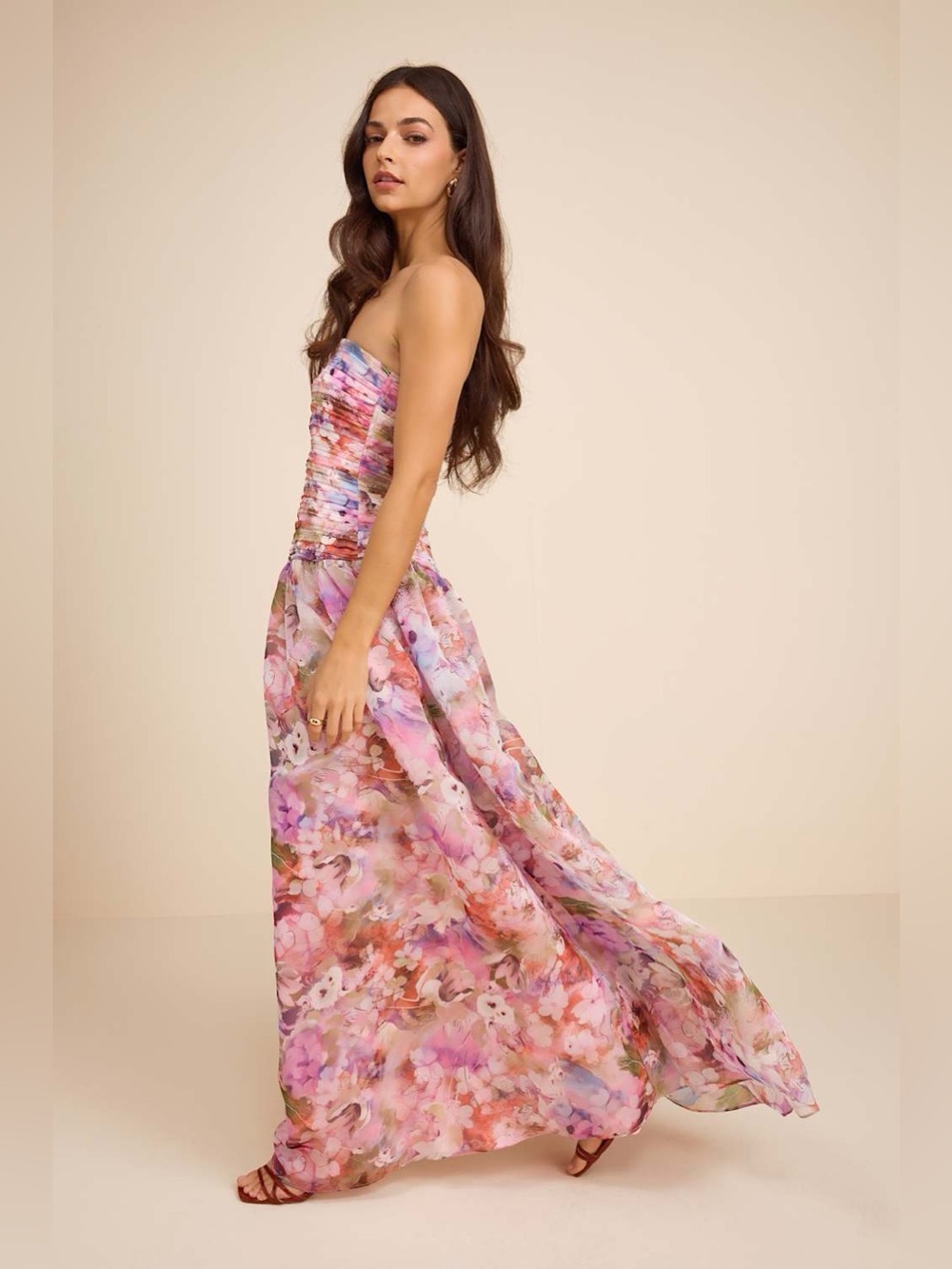 Lulus Kasandra Pink Multi Floral Organza Drop Waist Maxi Dress New with Tags Lg - Picture 2 of 8